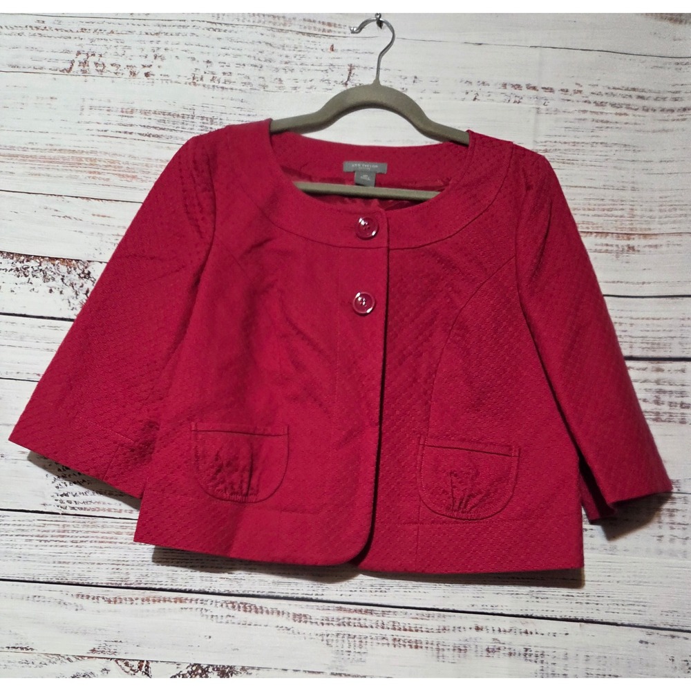 Ann Taylor Petites Red Basketweave Cropped Jacket 10P 3/4 Sleeve Button Front